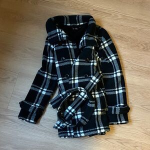 Ike Behar Black and White Plaid Pea Coat